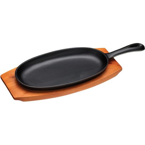 KitchenCraft World of Flavours Piatto da griglia Teppanyaki giapponese, piastra in ghisa con base in legno, 36 x 14,5 x 3,5 cm , nero (1/5)