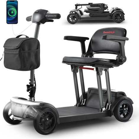 Scooter électrique pour seniors, vitesse 6 km/h, batterie lithium 12 Ah, autonomie 15 km, cadre en alliage d’aluminium, siège rabattable monobloc, permis non requis.-AIR TRAVELLER-12