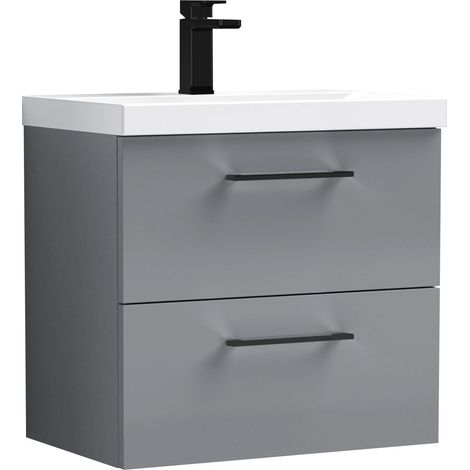 Balterley 600mm Wall Hung Bathroom 2 Drawer Vanity Unit and 1 Tap Hole Ceramic Basin, Satin Grey with Black Handles (1/4)