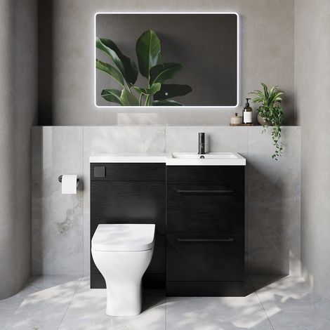 Napoli 390 Nero Oak 1000mm 2 Drawer Vanity Unit Toilet Suite with Right Hand Square Lucia Basin - 1000mm - Matt Black 320mm HandleWith Kingston Toilet Pan and Seat