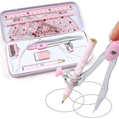 Set compasso professionale con gomma, goniometro e righello (rosa) (1/5)