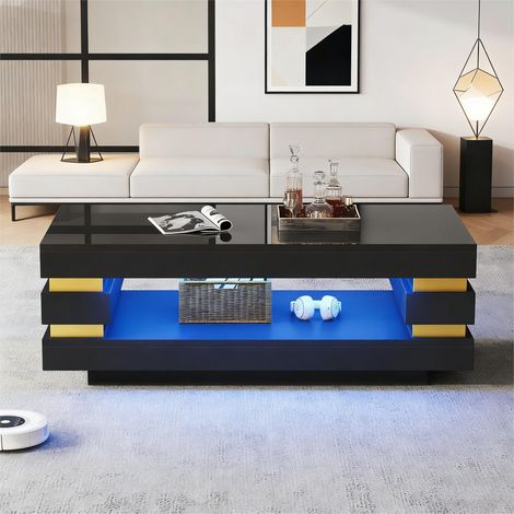 Table basse 100x50x35cm espace de rangement central,bande LED rigide. Structure agglomérée,couleur noire pour salon.