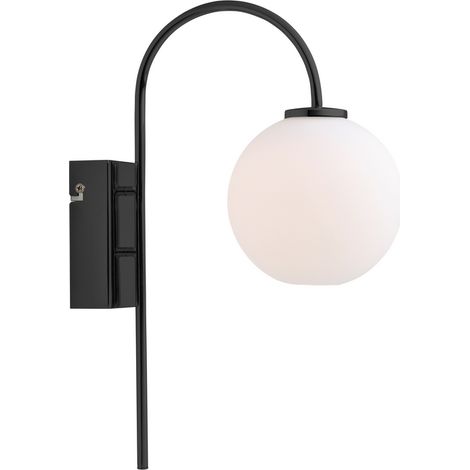 Ballon Applique Noir, Verre Opalin, Interrupteur Sur Cordon 1x G9