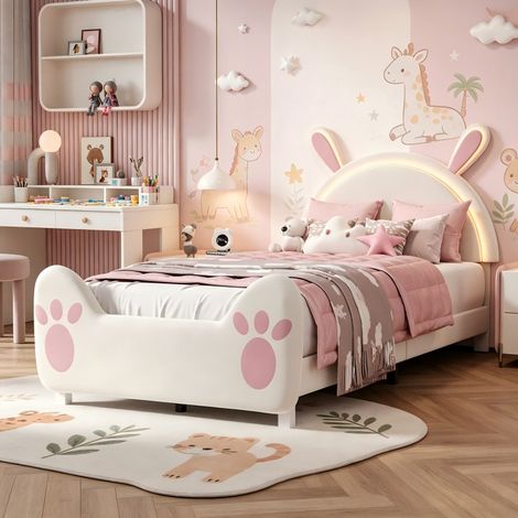 Lit enfant 90 x 200 cm forme lapin cartoon avec LED, Lit Filles rembourré,lit princesse, Cadre de lit d'Enfant et d'Ado, Rose+blanc, MDF, sommier Non