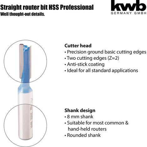 kwb 7548-20 754820 HM Groove Cutter Professional (per legno, Ø, lunghezza di lavoro 20 mm, gambo 8 mm, adatto per tutte le solite fresatura a mano), blu / grigio, Ø 8mm (1/5)