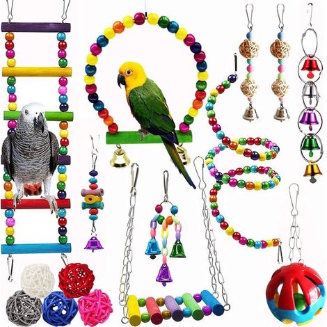 Balançoire pour perroquet avec jouet à mâcher, 15 clochettes suspendues en bois avec échelle à hamac, jouet coloré pour cage à oiseaux pour petites perruches et cacatoès (1/5)