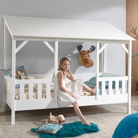 Lit cabane MILA 90x200 – Pin massif blanc sans sommier- (1/5)