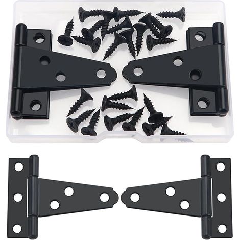 4 Pièces 50mm Charnières en T Détachées pour Porte de Grange, Métallique avec 24 Vis, pour Portes, Fenêtres, Abris de Jardin, Clôtures Extérieures, Noir (1/5)
