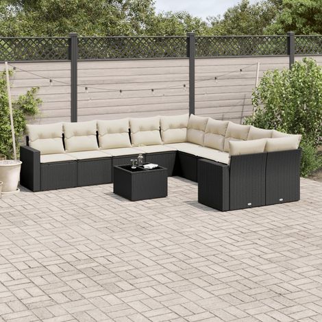 Salon de jardin 11 pcs résine tressée avec coffres de rangement et coussins noir et crème - PANGIVO (1/3)