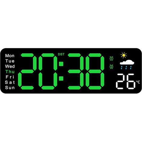 Horloge murale LED avec affichage de la température, alarme et calendrier perpétuel, style minimaliste moderne, pour salon. Coque noire, lumière verte. (1/5)