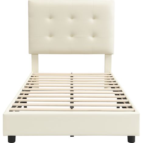 Lit rembourré, lit simple, lit enfant, dossier de tête de lit doux et bord en mousse anti-collision, tête de lit en forme de biscuit, PU + fer + mousse + contreplaqué, Beige, 90x200cm (1/5)