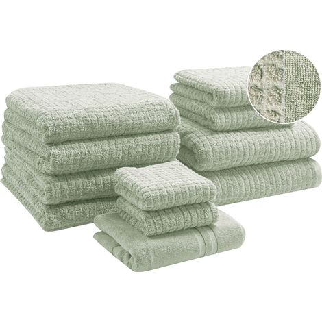 Set di 11 asciugamani da bagno in cotone morbido con tappetino da bagno Verde Chiaro Atai
