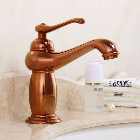 Robinet Mitigeur Lavabo en Laiton Style Européen Rétro, Design Élégant pour Vasque à Poser, Salle de Bain Domestique, Modèle Rose Doré Classique avec Flexible (1 Pièce)-lsw