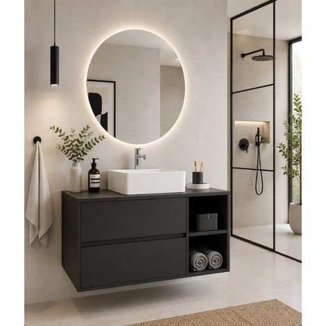 Meuble de salle de bain avec plan bois et vasque à poser ORIGENBATH ZEUS sans miroir 100x45 cm À droite graphite