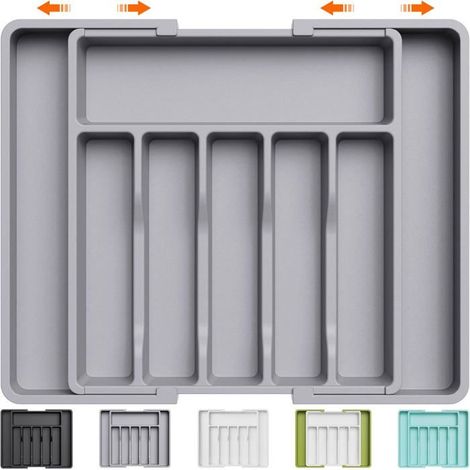 Range Couverts, Plateau d'Ustensiles Extensible pour Tiroir, Organisateur de Tiroir Réglable pour la Cuisine, Gris (1/5)