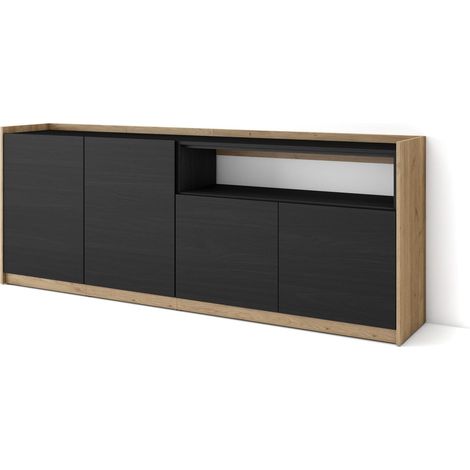 Skraut Home - Buffet salon et cuisine, Commode, 207x37x80cm, 4 Portes, Meuble chaussure, Noir et chêne (1/5)