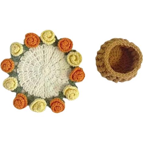 Rosenstrauß-Untersetzer, gehäkeltes Blumen-Platzset, handgewebter Untersetzer, Dekoration für Zuhause, Büro und Topfpflanzen mit Korb B (1/5)