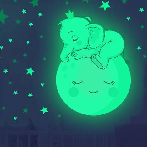 Sticker mural phosphorescent pour bébé, motif éléphant lune et étoiles, autocollant fluorescent décoration chambre d'enfant (1/5)