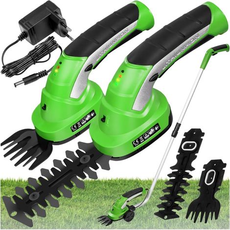 Battery-powered hedge trimmer, garden shears, lawn shears, and edger with 2 different blades, telescopic handle, and charger. 7.2V Lithium-ion battery. (1/3)