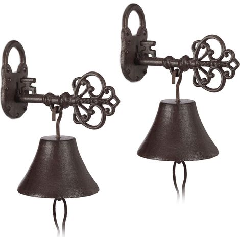 Set of 2 Relaxdays Cast Iron Door Bells, Key and Lock, Nostalgic Charm for Home and Garden, Country House, Rusty Brown