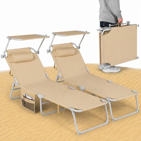 Set 2 Lettini Pieghevoli da Spiaggia Esterno Ecru Sdraio da Mare con Parasole
