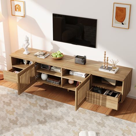 Meuble TV 180x40x51 cm pour TV 55-75 Pouces, 2 Portes à Lattes, 2 Tiroirs, Niches Ouvertes, Passe-Câbles, en MDF - Bois Naturel (1/5)