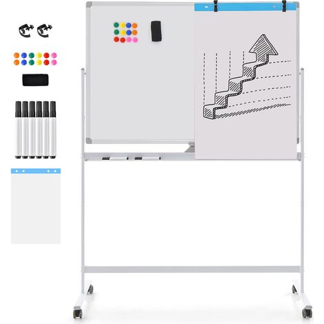 Costway – Tableau blanc magnétique pivotant 120x80cm – Double face verrouillable – Hauteur réglable 145-173cm – 4 roues avec freins – 12 aimants et 6 marqueurs (1/5)