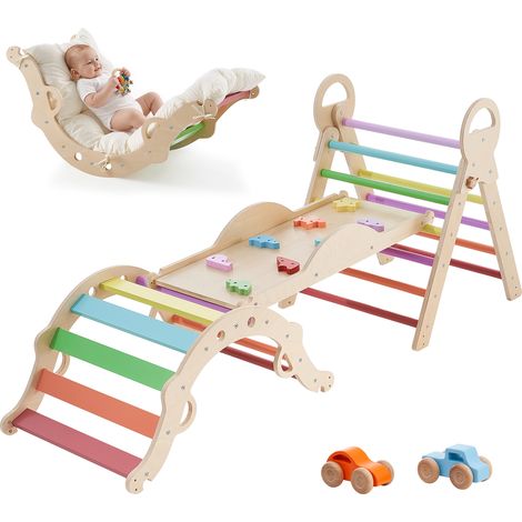 Mophorn 9-in-1 Kletterspielzeug mit Holzautos, Kissen, Kletterdreieck, Rutsche und Kletterbogen, geeignet für Kinder von 1 bis 3 Jahren, belastbar bis 68 kg, Montessori Indoor-Spielset, mehrfarbig (1/5)