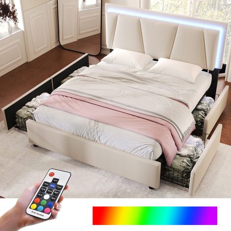 Lit double 140x200 cm avec tête de lit réglable, led intégrées, 4 tiroirs de rangement et sommier à lattes en bois, revêtement tissu beige (1/5)