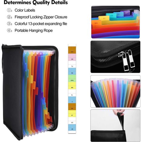 Fire Resistant Expandable File Folder Multi Color Pockets A4 Size Document Organizer with Color Labels 36.5cm x 25cm x 2cm (1/5)