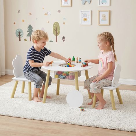 Table enfant avec chaise, ensemble table et 2 chaises en bois avec sac de rangement pour dessiner, jouer, étudier, blanc (1/5)