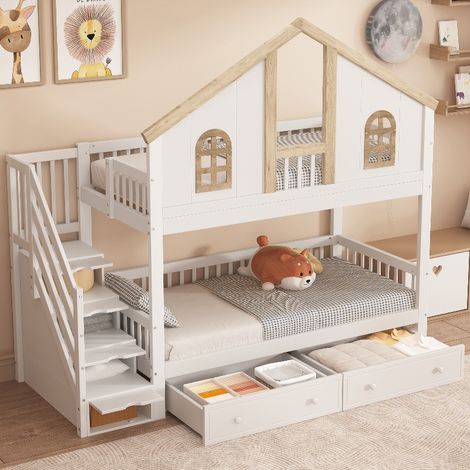 Etagenbett für Kinder mit Treppe und Schubladen, Hochbett 90x200 cm mit Stauraum, Rausfallschutz und Fenster, Kiefernholz, Weiß und Natur (1/5)