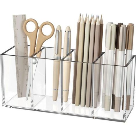 Porte-Stylo - Acrylique - 4 Compartiments - Organisation Bureau - Transparent - 1 Pièce (1/4)
