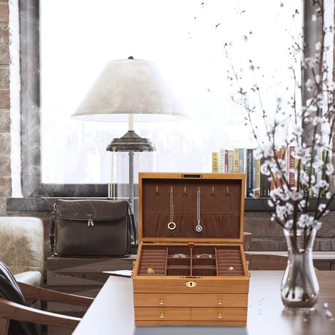 Boîte à bijoux en bois, boîte à bijoux en bois pour femmes, boîte à bijoux vintage verrouillable, organiseur en bois massif pour bijoux, colliers, bagues, boîte de rangement (1/5)