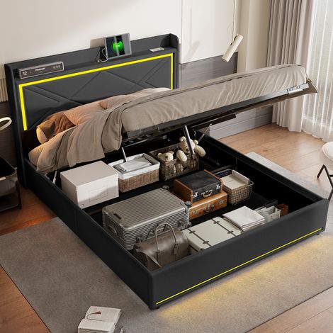 Polsterbett mit Stauraum 140x200 cm - Doppelbett mit Stauraum, Kopfteil mit LED-Beleuchtung und USB-Ladeanschluss, Lattenrost, Kunstleder - Schwarz (1/5)
