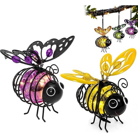 2 Pièces Lampe Solaire Abeille Suspendue, LED Étanche, Décoration pour Jardin, Terrasse, Balcon et Véranda, Violet et jaune (1/5)