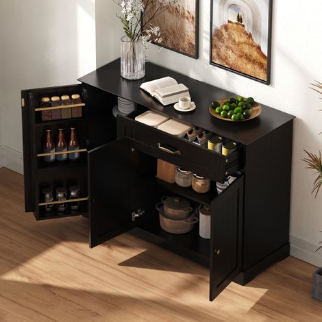 Credenza da cucina a 3 ante e 1 cassetto, mobile da ingresso/soggiorno, MDF, maniglie in metallo dorato, 107×40×84cm, nero