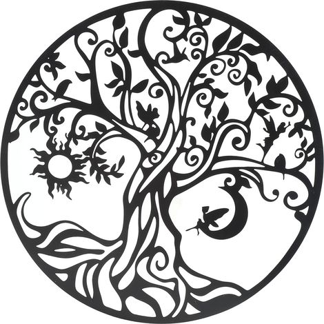 Lebensbaum-Wandbild, 30 cm runder dekorativer Metall-Wandaufkleber für Wohnzimmer, Schlafzimmer, Innen- und Außenbereich, Schwarz (1/5)