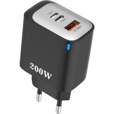 Tragbarer 200-W-Schnellladeadapter, kompatibel mit USB-C, USB-A und USB-L, mit intelligenter Leistungsanpassung, ideal für Reisen.