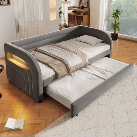 Lit enfant 90x200 avec lit d'appoint à tirer et éclairage LED, gris HAVRYA (1/5)