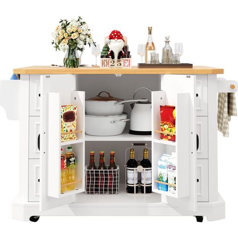 Îlot de cuisine mobile,meuble de cuisine,chariot avec 2 portes et 6 tiroirs,sur roulettes,120x45(75)x91 cm,blanc/noir