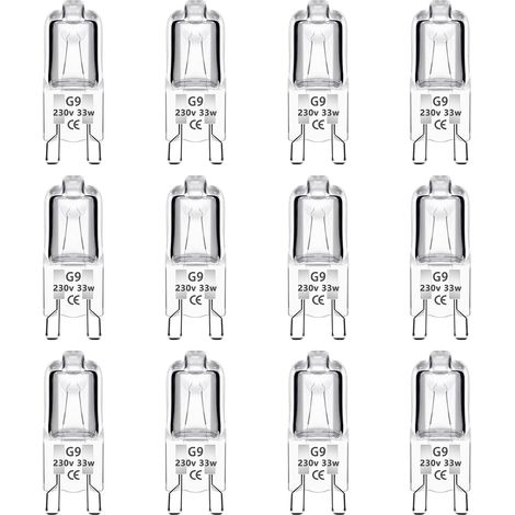 Confezione da 12 lampadine alogene a capsula G9, 33 W, 230 V, dimmerabili, 460 lm, bianco caldo (2700 K), attacco G9, per forni, lampadari, luci da giardino e illuminazione di mobili