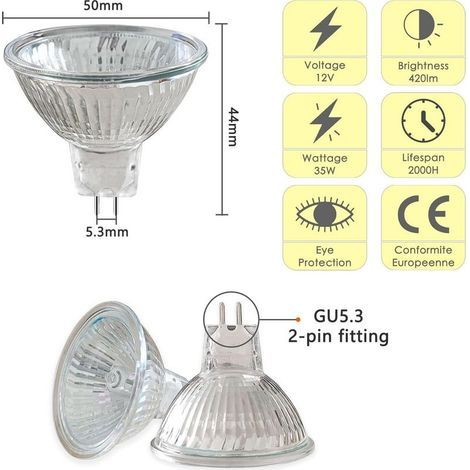 Pack de 8 Ampoules Halogènes Réflecteur GU5.3 35W, Dimmable Projecteur, Ampoule Spot Halogène MR16, 400LM, Blanc Chaud 2700K, 36 °Faisceaux, Base à 2 Broches, Lampe à Réflecteur [Classe énergétique G] (1/4)