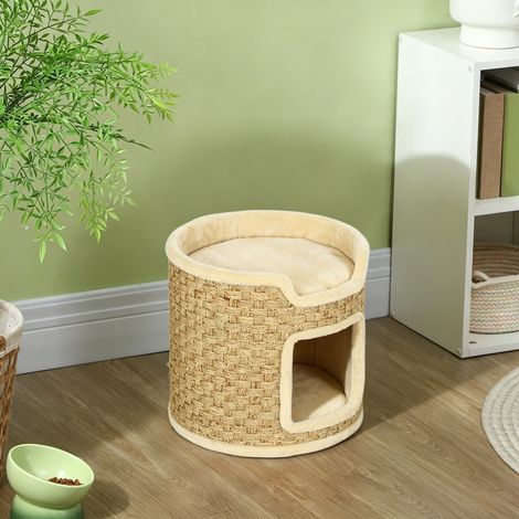 Tonneau à gratter pour chat, tonneau à chat, recouvert de peluche, capacité de 5 kg, Ø 38 x 37H cm kaki et beige (1/5)