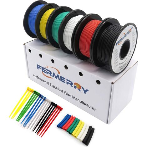 Fil toronné 28 AWG bobine de fil de cuivre étamé au silicium 0,18 mm² 25 pieds chacun 6 couleurs Kit de câble électrique de branchement flexible de calibre 28 (6 couleurs 25 pieds chacun) (1/5)
