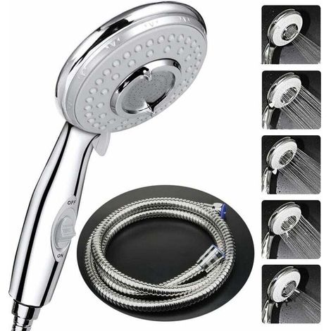 Pommeau Douche + 2 M Tuyau de Douche Flexible,  Pommeau de Douche avec Tuyau, 5 Modes Economiseur d'eau et bouton de l'interrupteur, Haute Pression Douchette Pommeau Acier Inoxydable