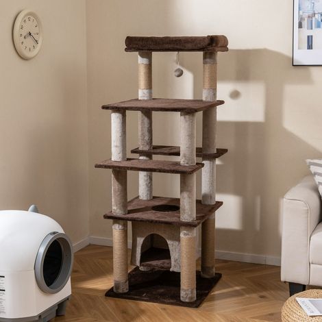 Grand Arbre à Chat Multi-niveaux Tour pour Chat 148 cm avec Condo Aérien Oscillant Perchoir Douillet en Peluche Griffoirs Marron (1/5)
