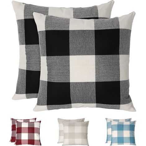 Fundas de cojín a cuadros, juego de 2 fundas de almohada de lino transpirables y resistentes a las arrugas, funda de almohada a cuadros, fundas de cojín decorativas para el hogar, negro (1/5)