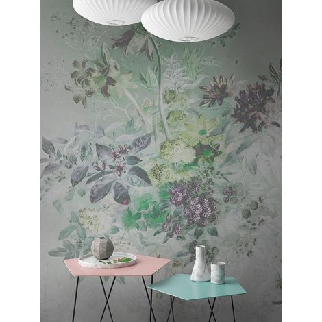 Papier peint panoramique floral vintage vert & gris | Tapisserie panoramique fleurie élégante salon | Papier peint panoramique idéal chambre adulte - 270 x 300 cm (3 pièces) (1/5)