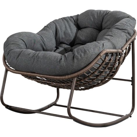 Fauteuil à bascule extérieur en rotin synthétique gris foncé avec coussin épais, chaise lounge confortable pour jardin et balcon (1/5)